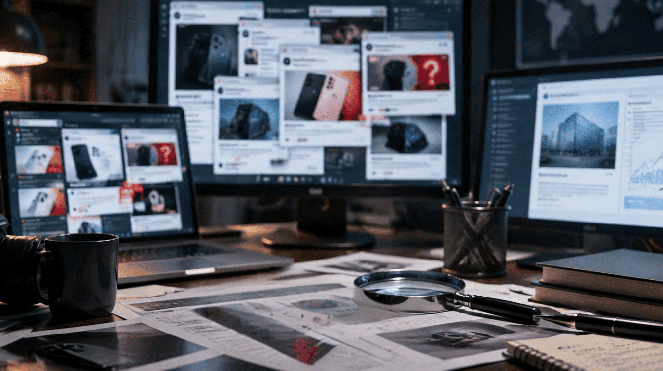 realistic technology investigation desk with screens showing suspicious smartphone rumors and online claims