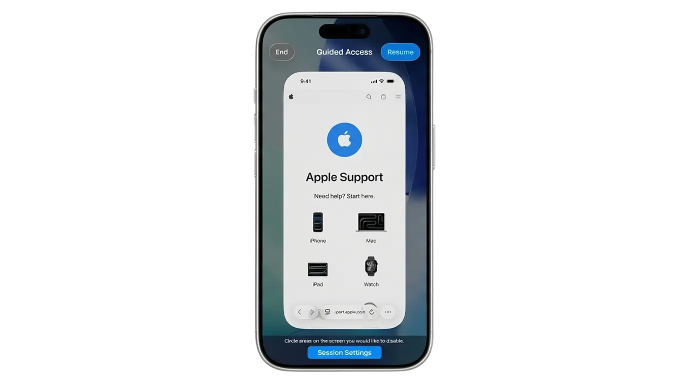 iPhone screen showing a paused Guided Access session with End, Resume, and Session Settings buttons