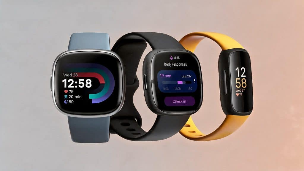 three fitbit smartwatches with blue, black, and yellow bands showing time, heart rate, activity, and body response data