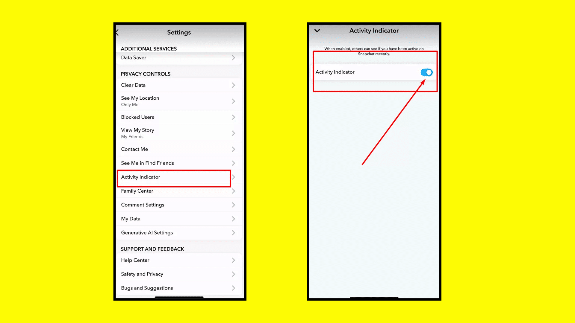 snapchat settings screen showing the activity indicator option highlighted