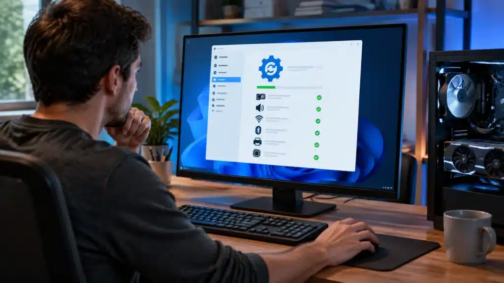 computer setup showing windows driver updates with hardware components and system troubleshooting workspace