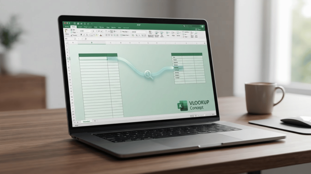 laptop showing a clean excel vlookup workflow with two data tables connected by a lookup concept in a modern workspace