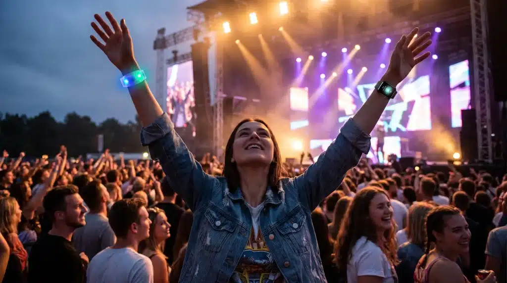 Concertgoer raising arms with glowing wristbands in front of a crowded outdoor stage at night