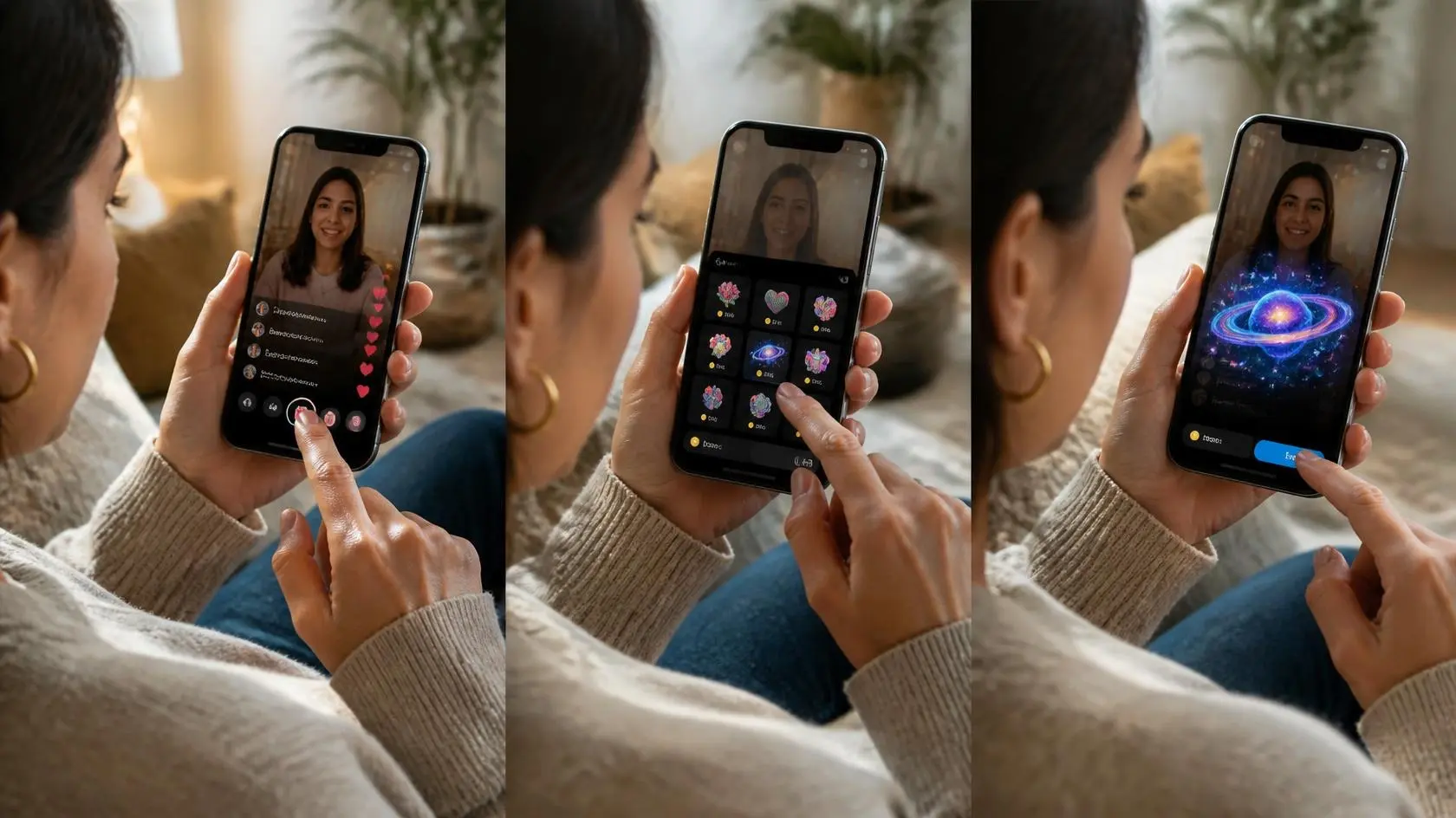 woman uses a smartphone to open a live gift menu, select a galaxy gift, and send the animated galaxy during a livestream