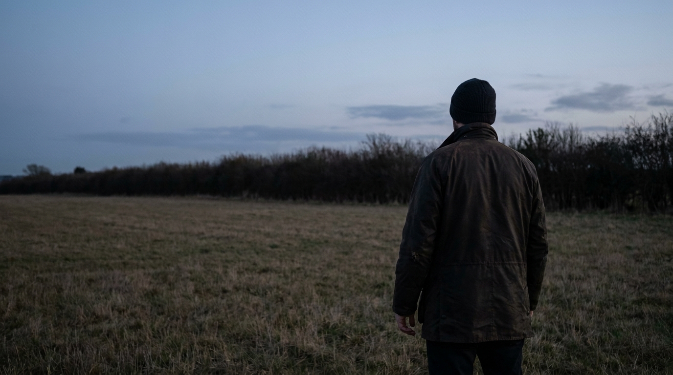 Man in dark coat and beanie standing in open field at dusk