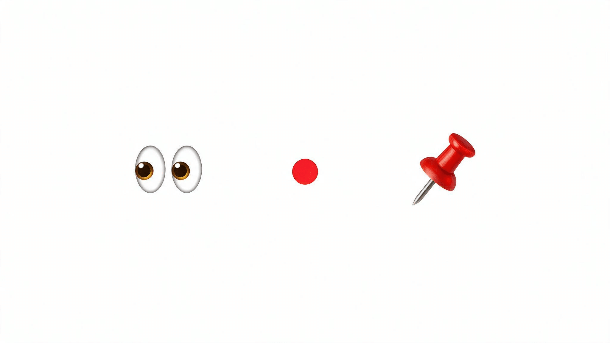 eyes emoji red notification dot and red pushpin arranged side by side on a clean white background in flat digital style