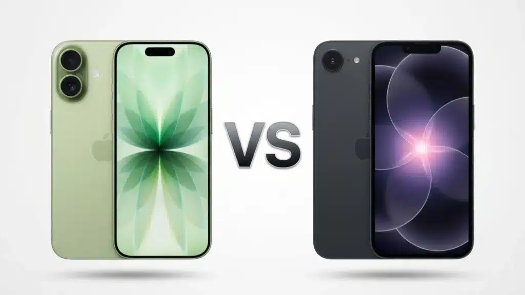 green iphone 17 and black iphone 17e shown front and back side by side on a clean white background