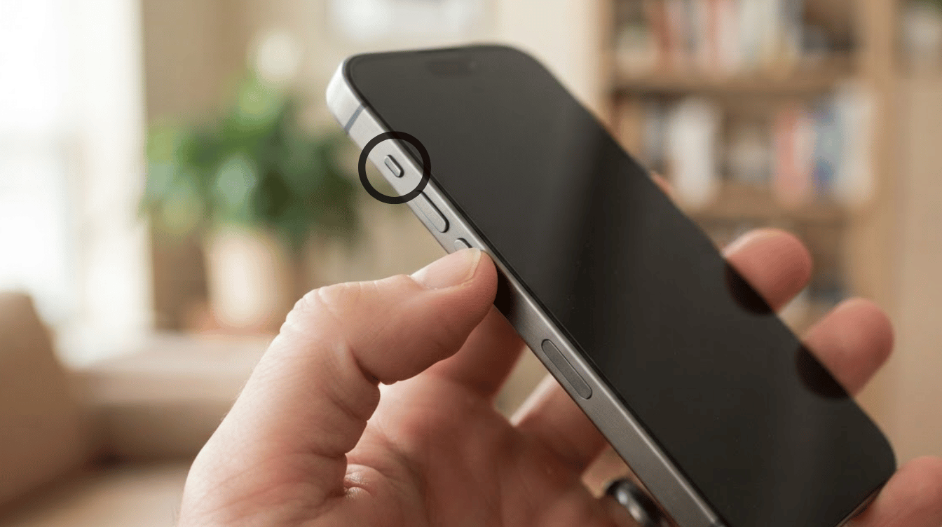 close-up of a hand holding an iPhone with the action button highlighted on the left side above volume controls.