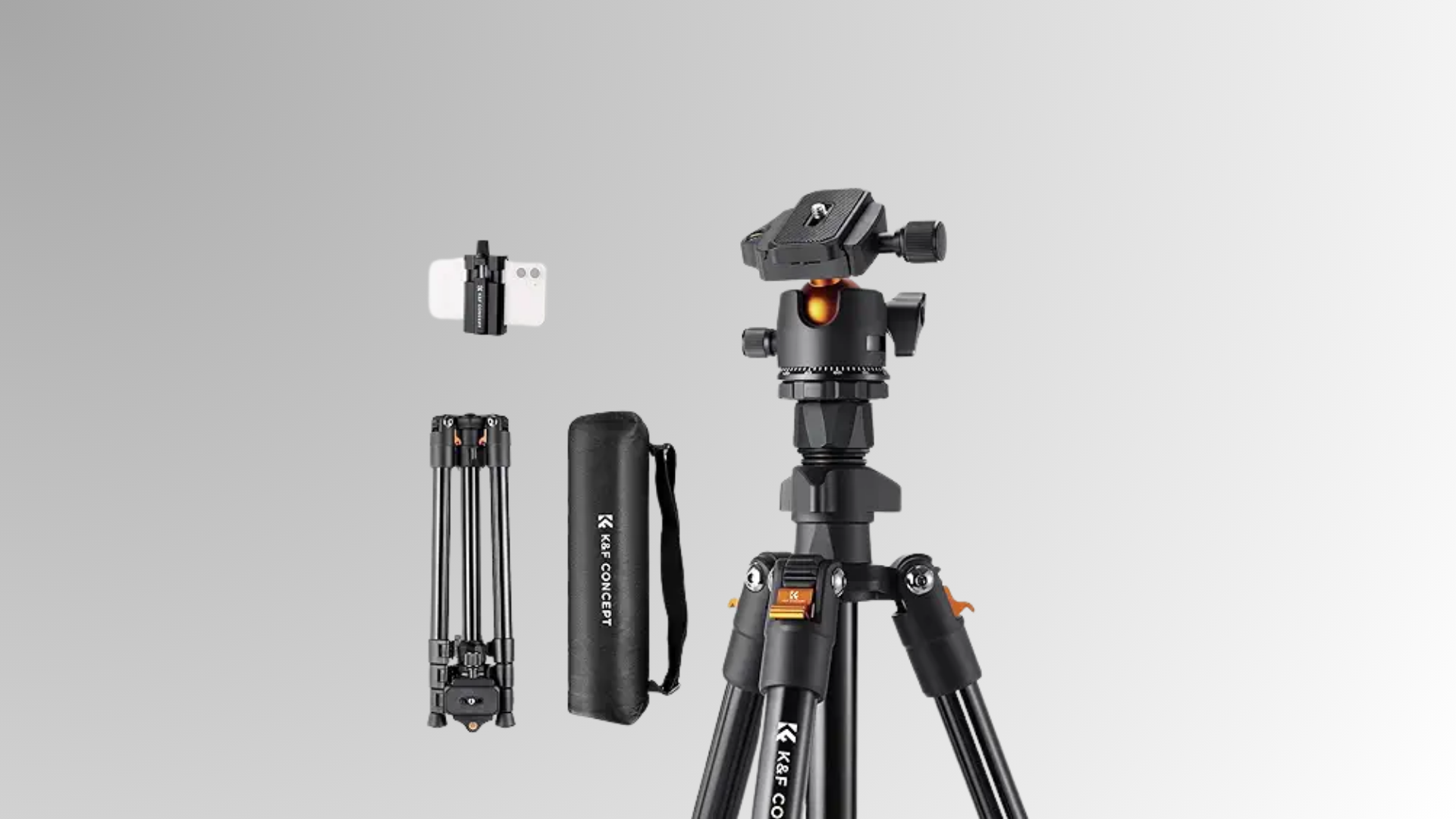 tripod kit showing camera tripod legs mounting head and removable accessories on white background
