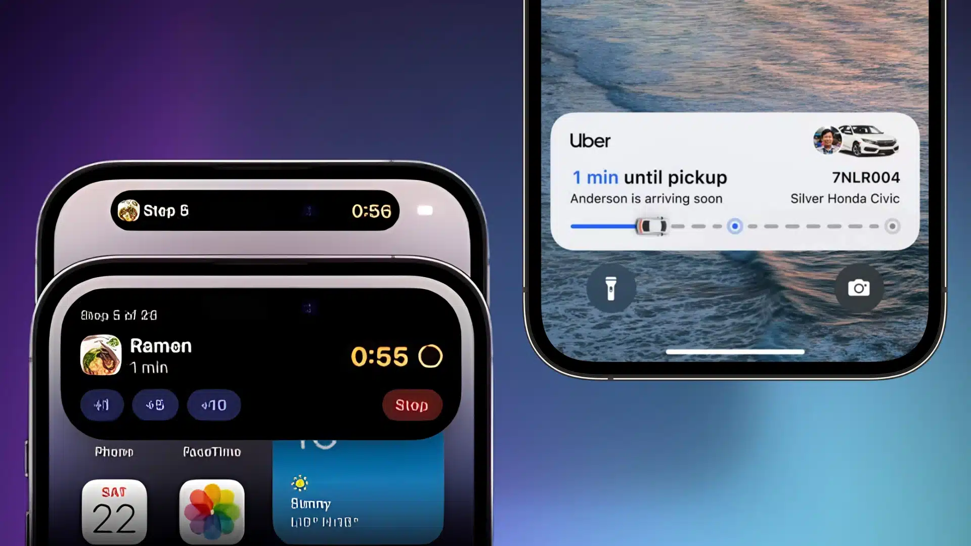 iphone dynamic island showing live activities with an uber pickup status and countdown