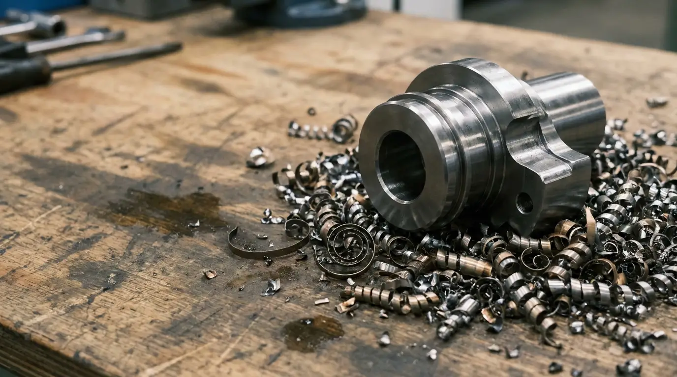 Metal component surrounded by shavings on a rustic wooden workbench in a workshop environment