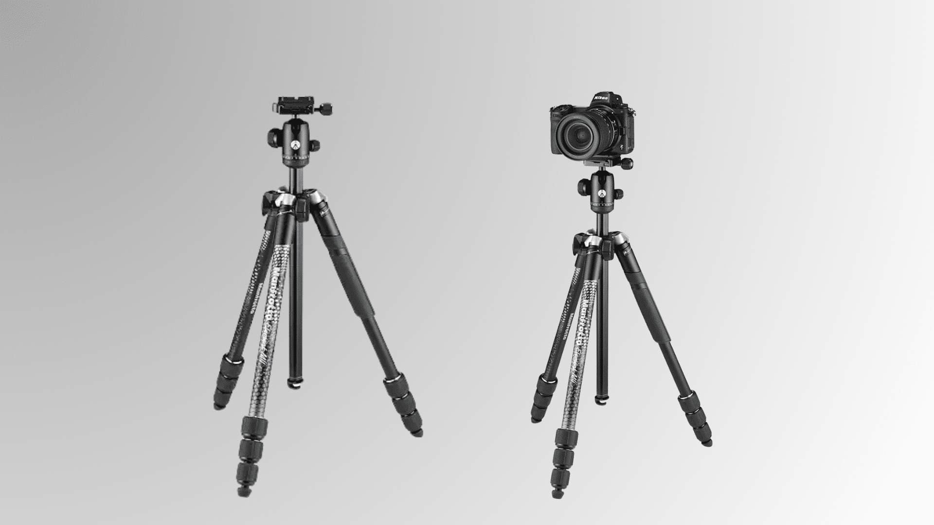 two camera tripods with mounted cameras displayed side by side on a white background