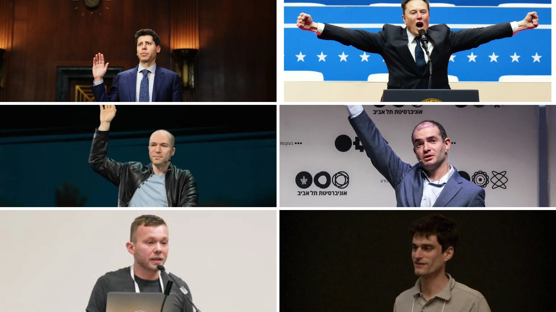 openai founding team members speaking at different events and presentations with sam altman and other researchers in a collage layout