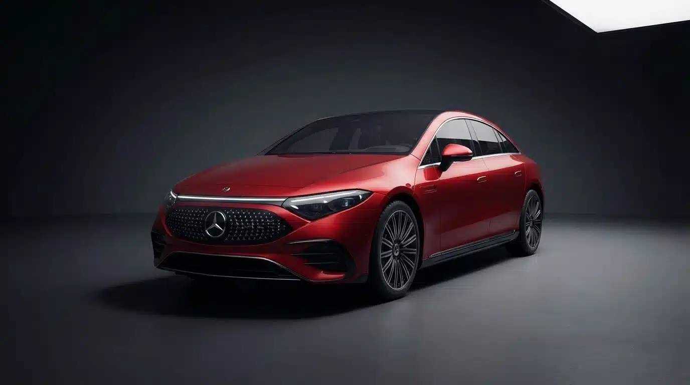 red mercedes electric sedan displayed in a dark studio with premium automotive lighting and reflection