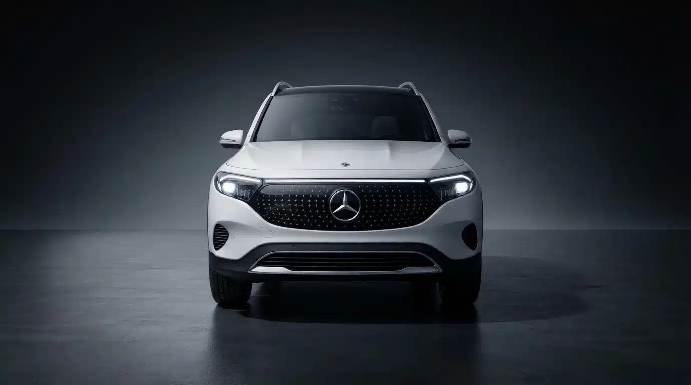 mercedes eqb electric suv front view displayed in a dark studio with premium lighting and reflection.