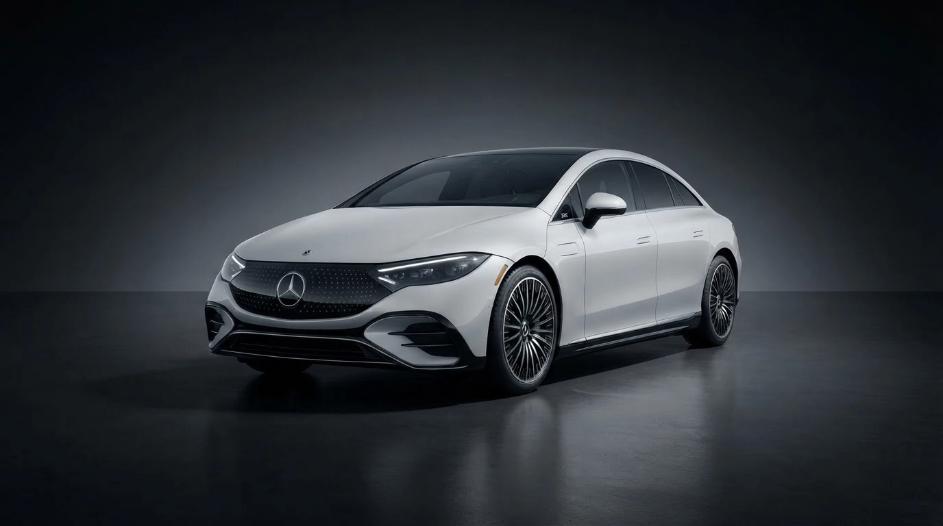 mercedes eqe electric sedan displayed in a dark studio with premium lighting and realistic floor reflection