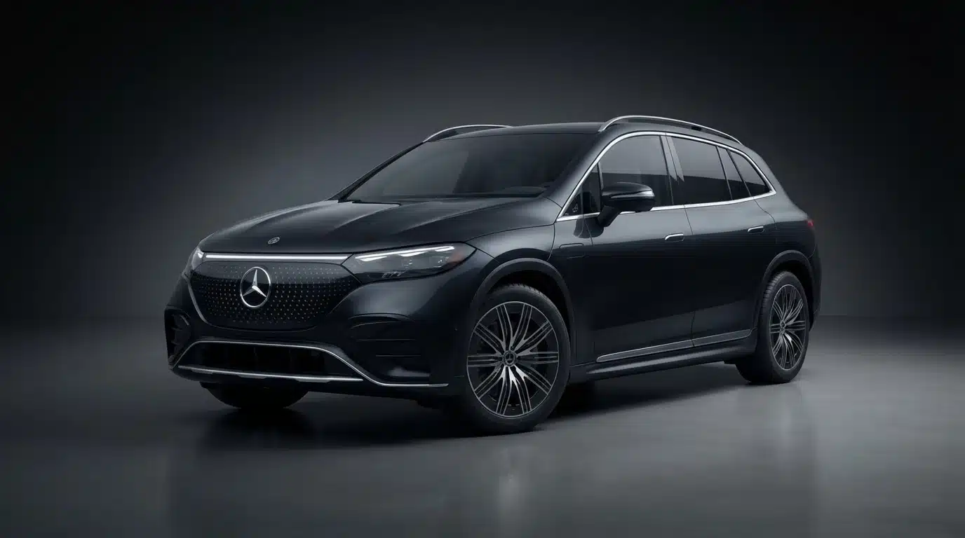 mercedes eqe electric suv displayed in a dark studio with premium lighting and realistic floor reflection
