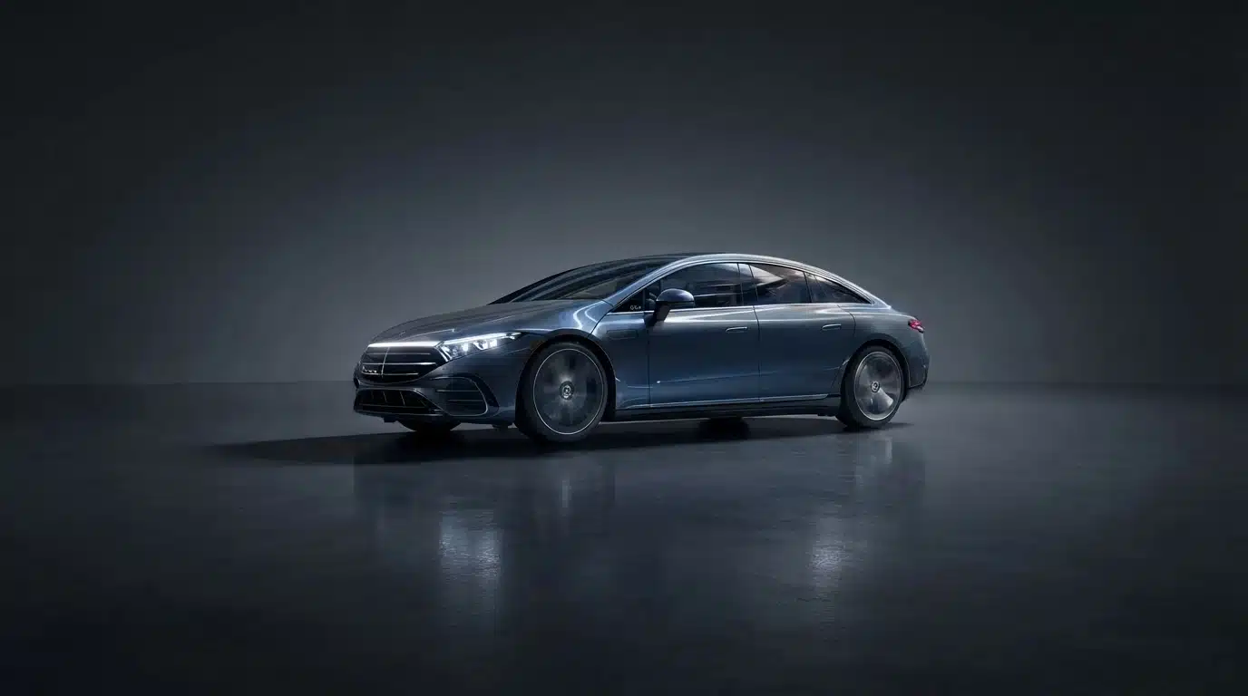 mercedes eqs electric sedan displayed in a dark studio with premium lighting and floor reflection.