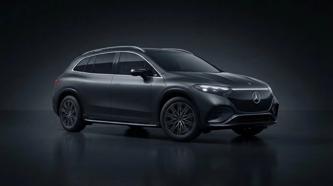 mercedes eqs electric suv displayed in a dark studio with premium lighting and realistic reflection
