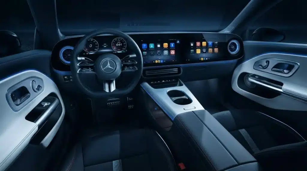 mercedes electric interior showing digital dashboard steering wheel and ambient lighting details