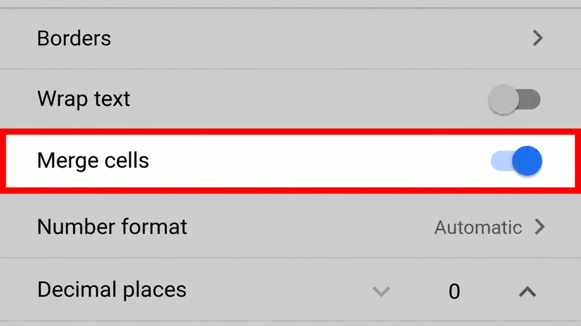 google sheets on android showing merge cells toggle highlighted with a red border in the formatting settings menu