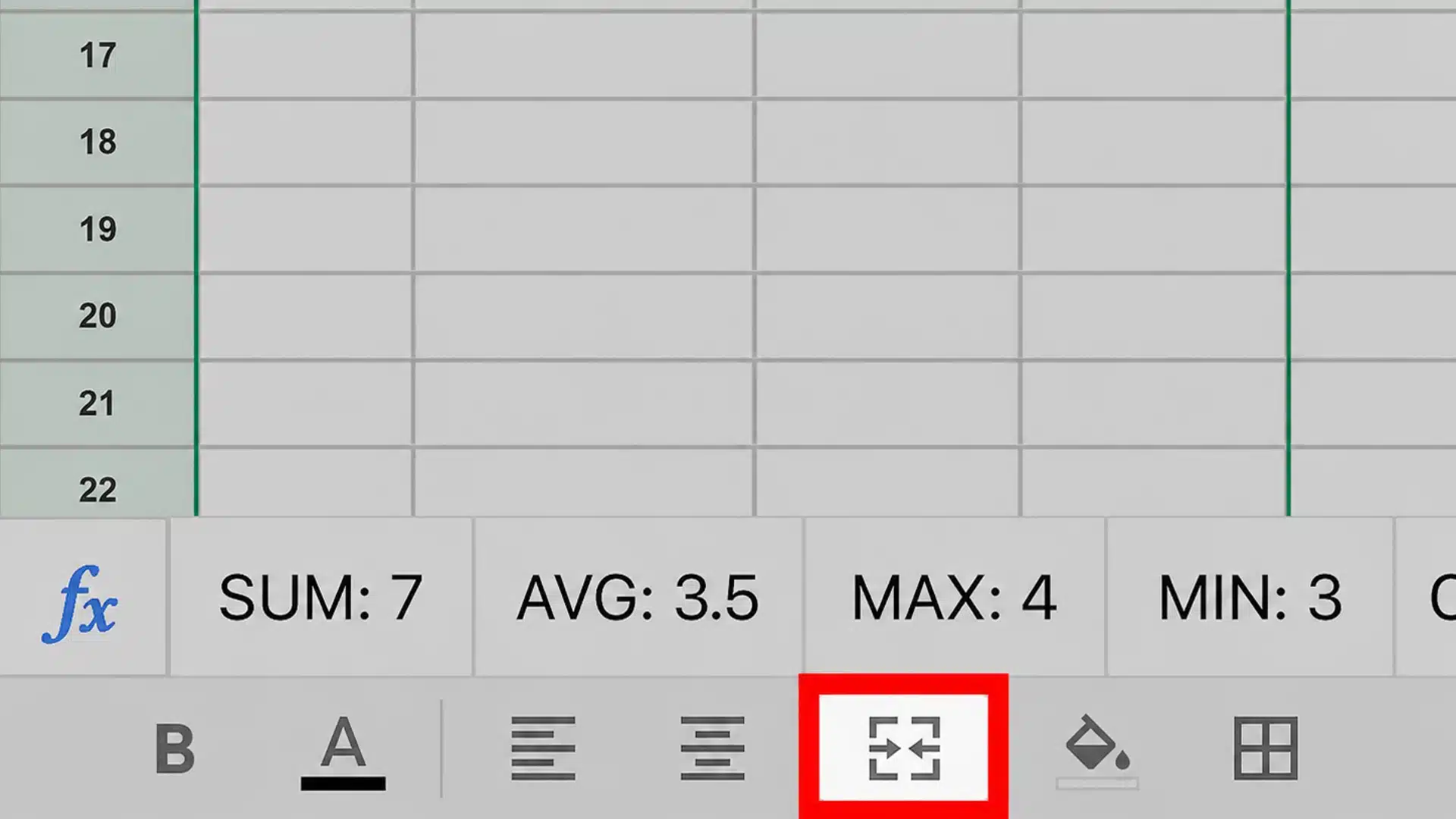 google sheets on iphone showing merge cells option highlighted with a red border in the formatting menu
