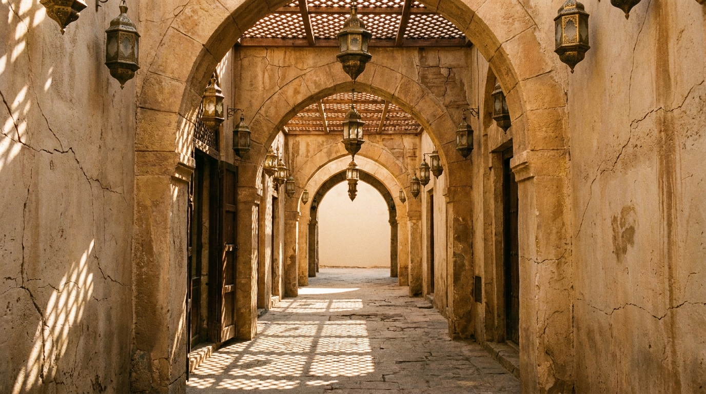 Stone arch corridor with hanging lanterns and intricate shadow patterns in warm sunlight