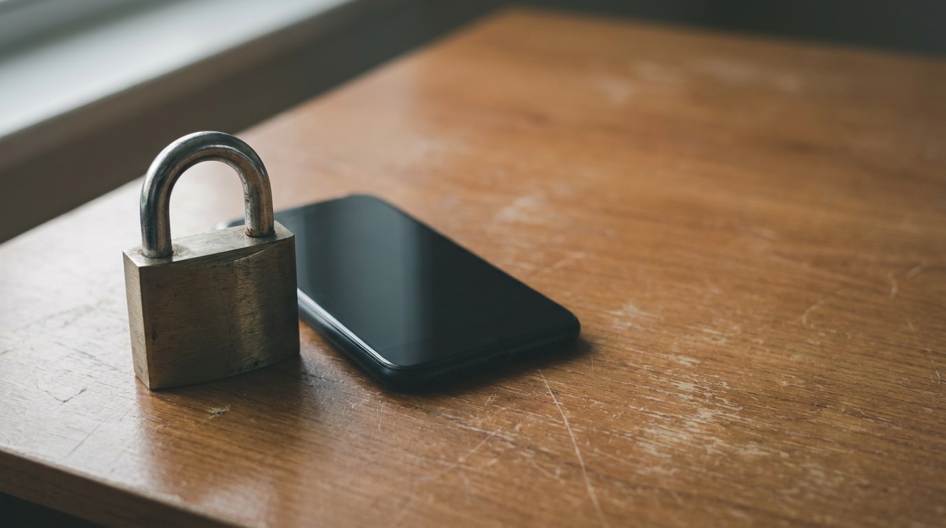 Padlock and smartphone lying on wooden table in soft natural light