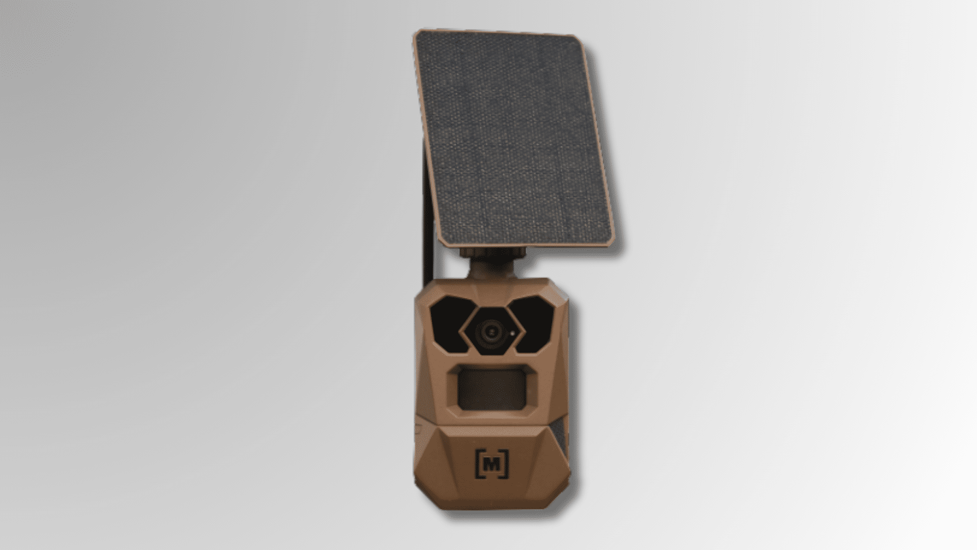 moultrie edge 4 solar trail camera with attached solar panel and wildlife monitoring design on white background