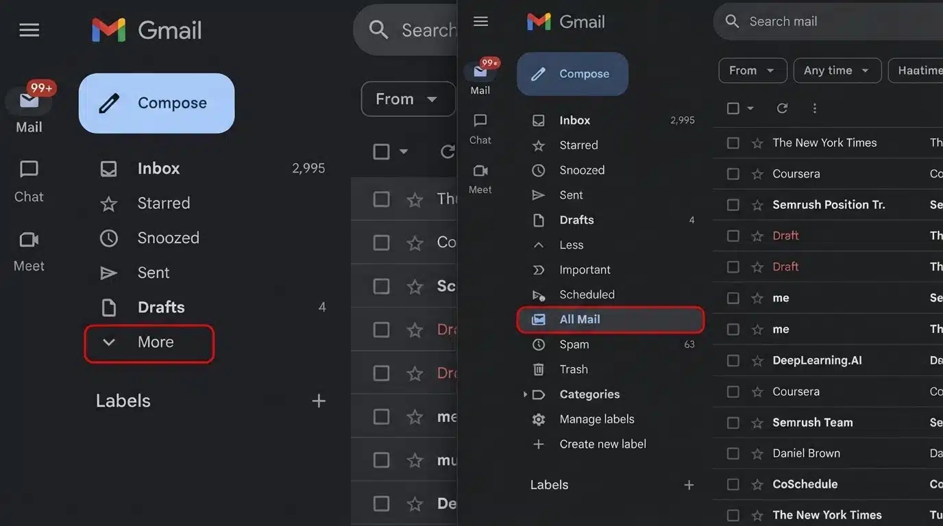 gmail interface showing archived emails location in dark mode with all mail option highlighted in sidebar.webp Uploaded 1 week ago by Sanjana Sharma