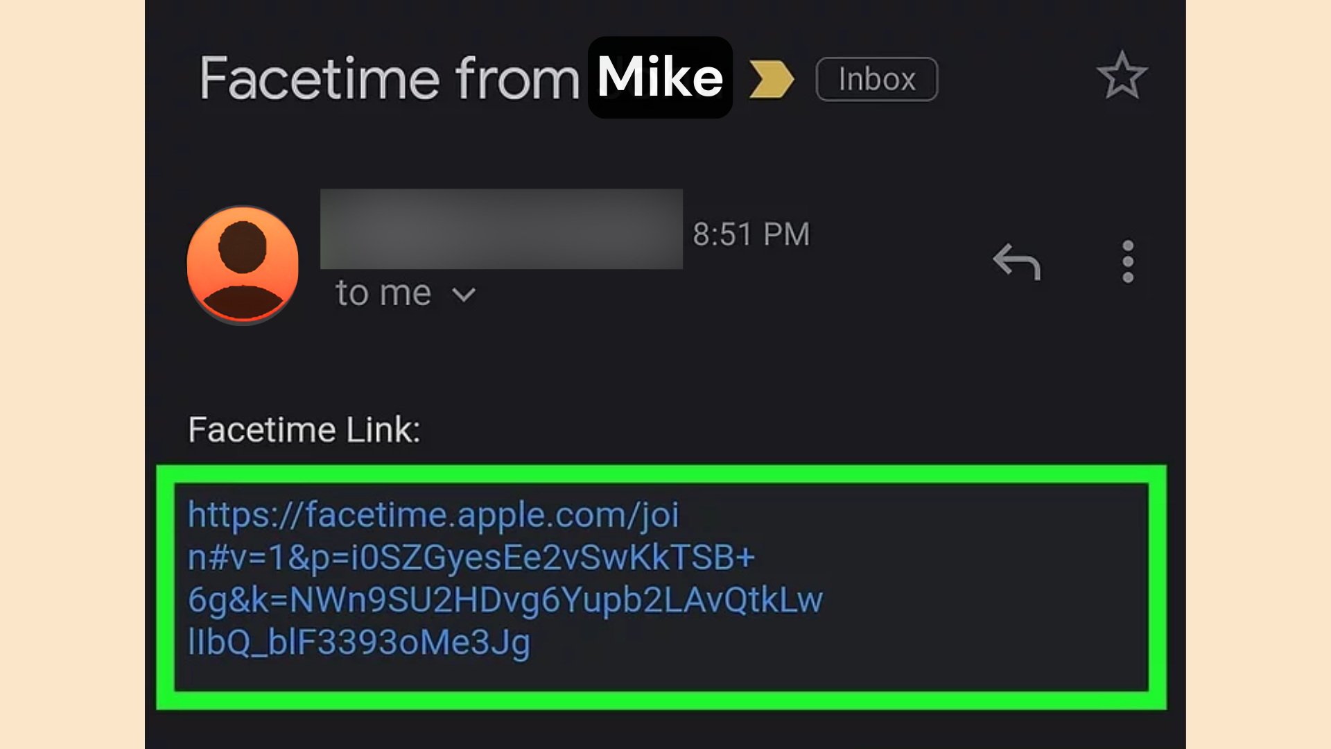 email showing a facetime link being shared with another person for joining a video call