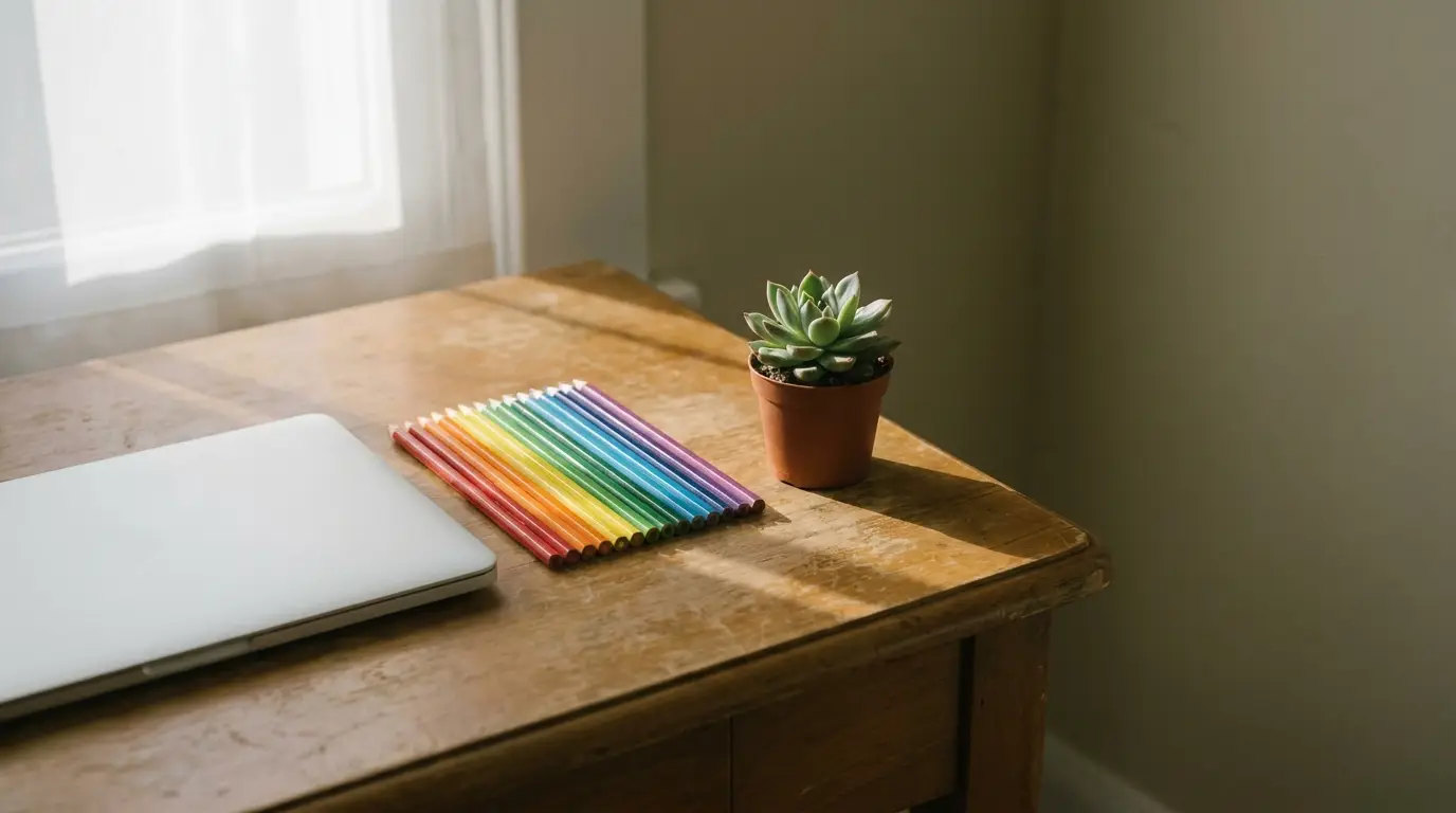 Laptop, rainbow pencils, and succulent on wooden desk in bright natural light
