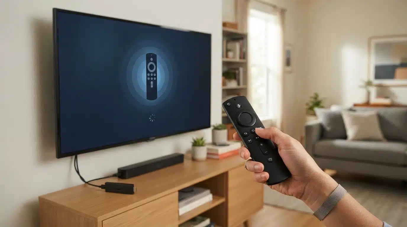 hand pairing a Fire TV remote near a television during Bluetooth reconnection process