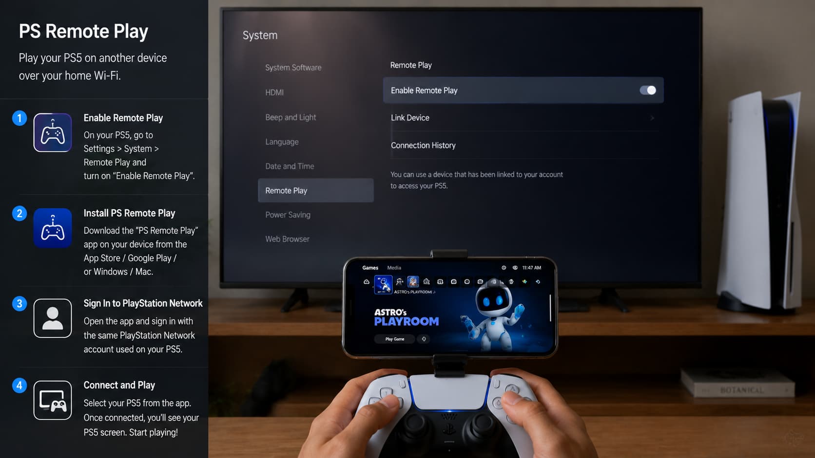 ps5 remote play setup showing controller smartphone connection and remote gaming steps on tv screen