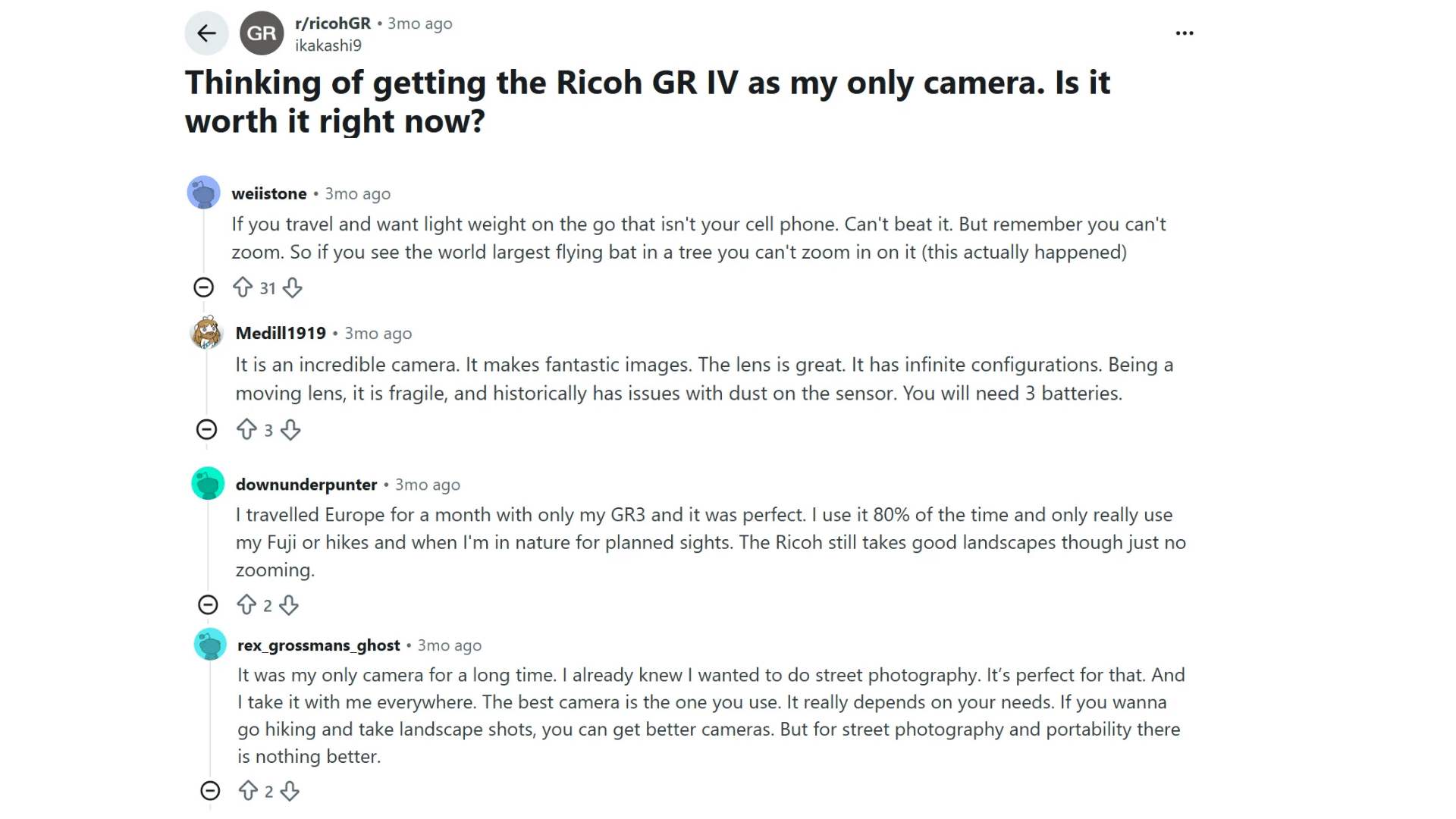 reddit users sharing ricoh gr iv ownership experiences and opinions in community discussion