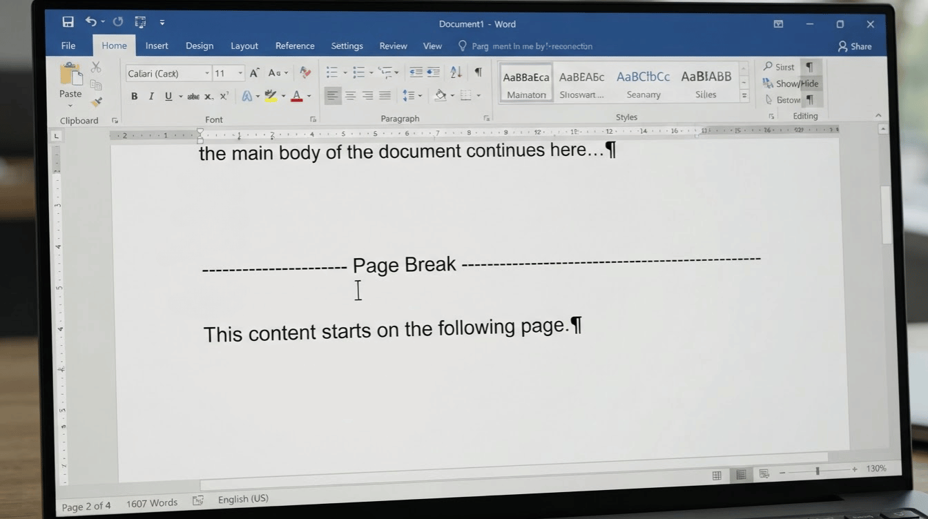 microsoft word screen showing a manual page break line between document sections ready to be selected and deleted