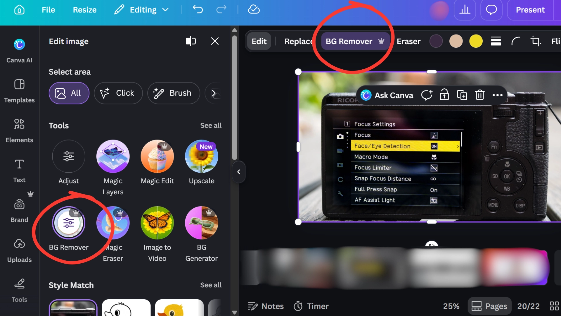 canva image editing screen displaying bg remover option for removing an image background