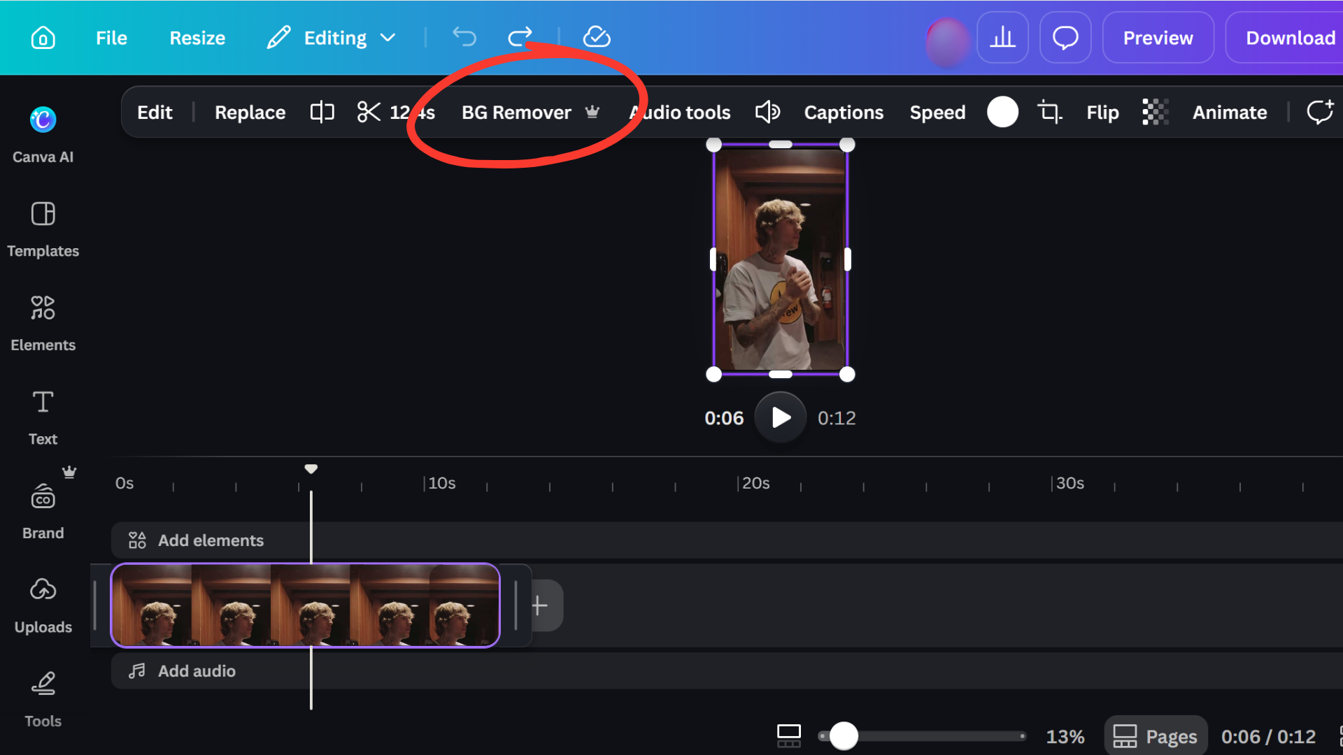 canva video editor interface showing bg remover tool for removing a video background