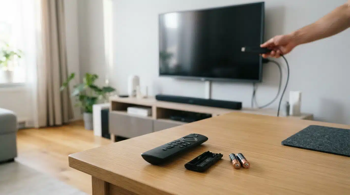 Fire TV remote with removed batteries during reset and troubleshooting process
