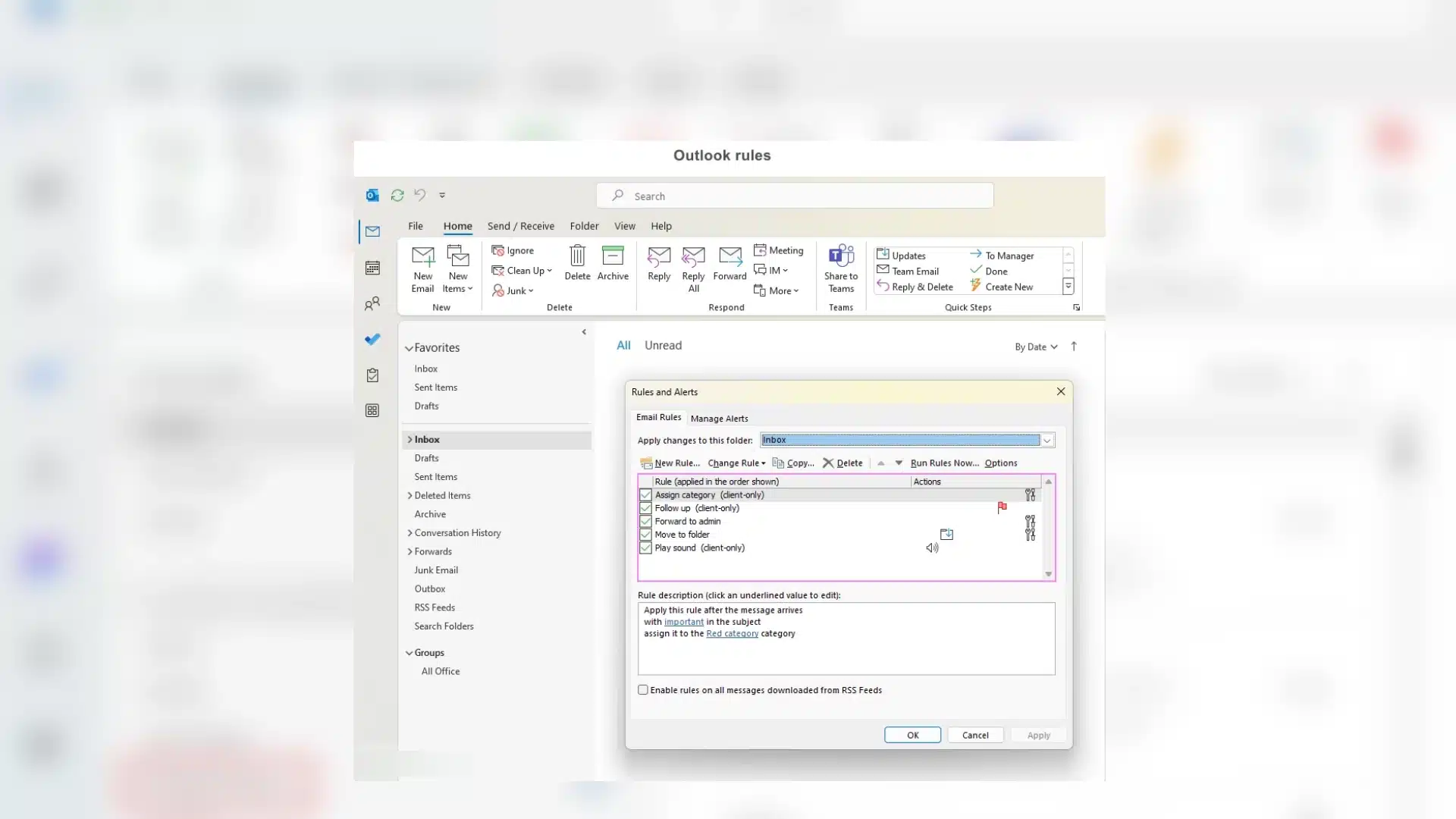outlook rules and alerts window showing email rules and forwarding settings