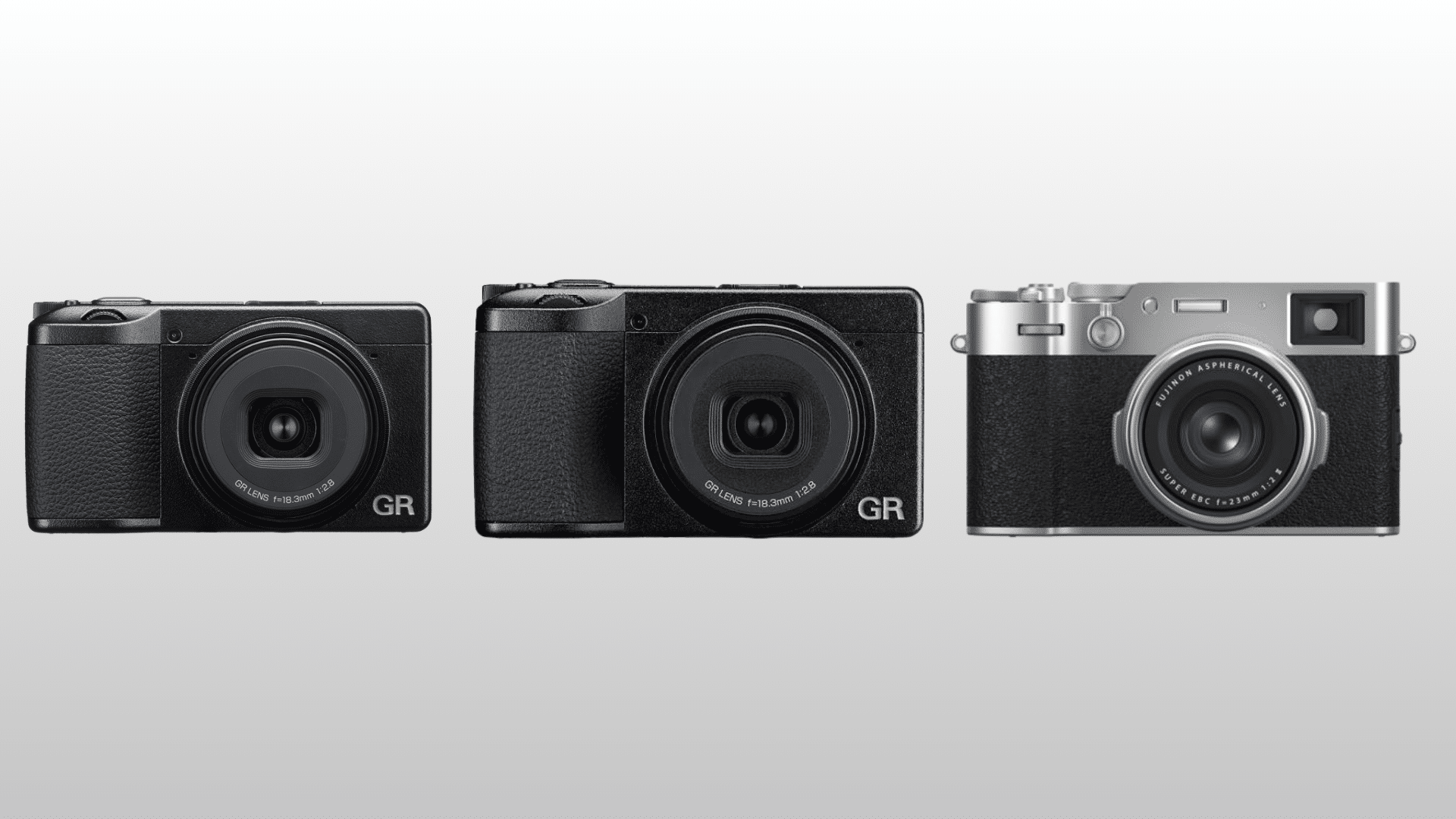 three compact cameras comparing ricoh gr iv ricoh gr iii and fujifilm x100vi designs