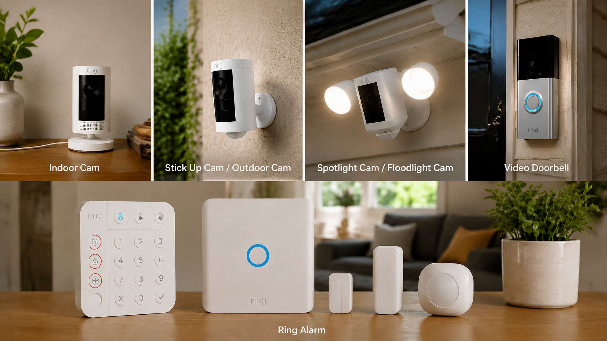 ring indoor, outdoor, floodlight, doorbell, and alarm devices arranged across home settings in a full product lineup