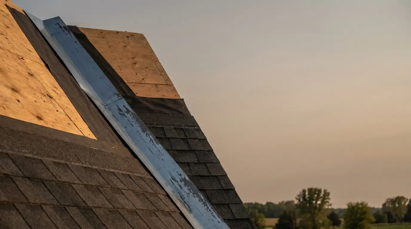 Rooftop under construction with asphalt shingles and plywood in evening light