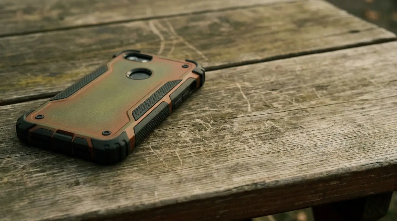 Rugged phone case on a weathered wooden table outdoors
