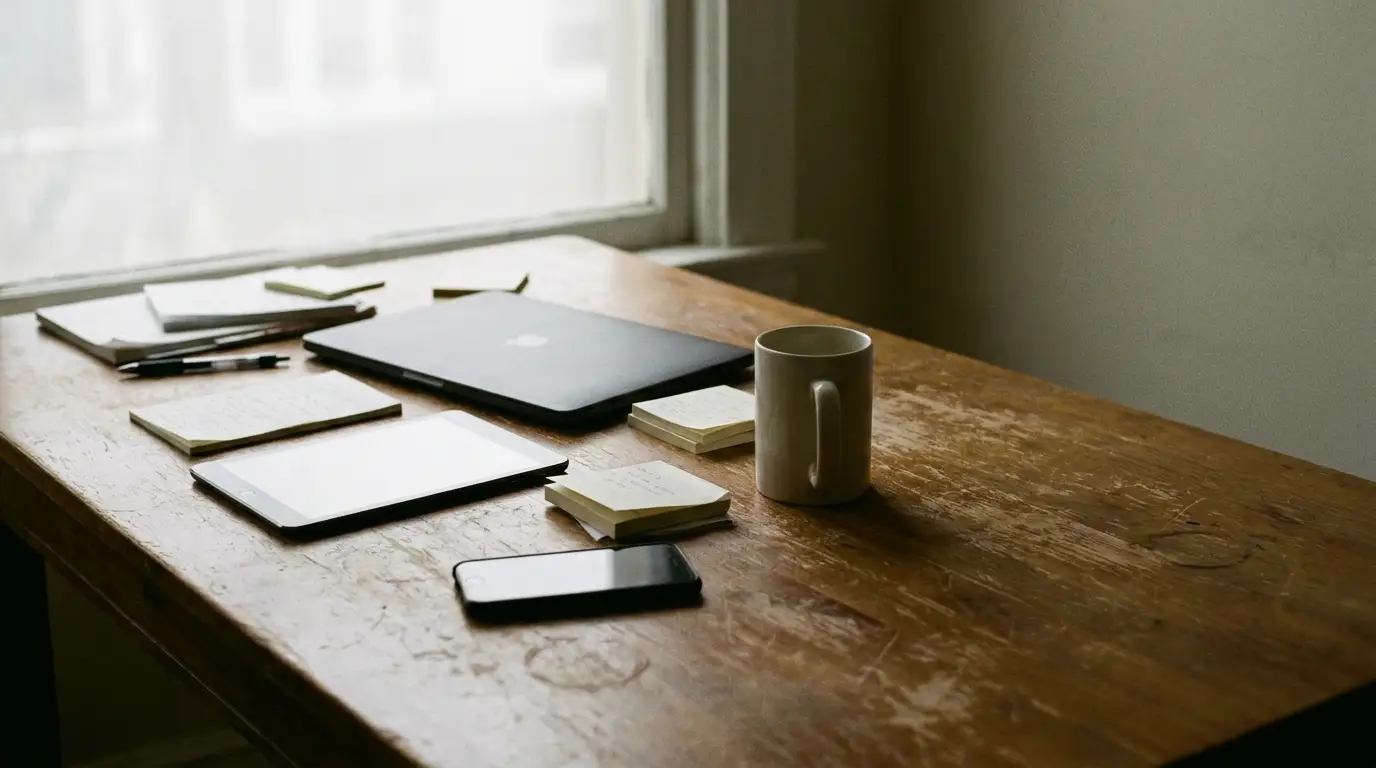 Wooden desk with laptop, tablet, smartphone, notes, and coffee mug by a window