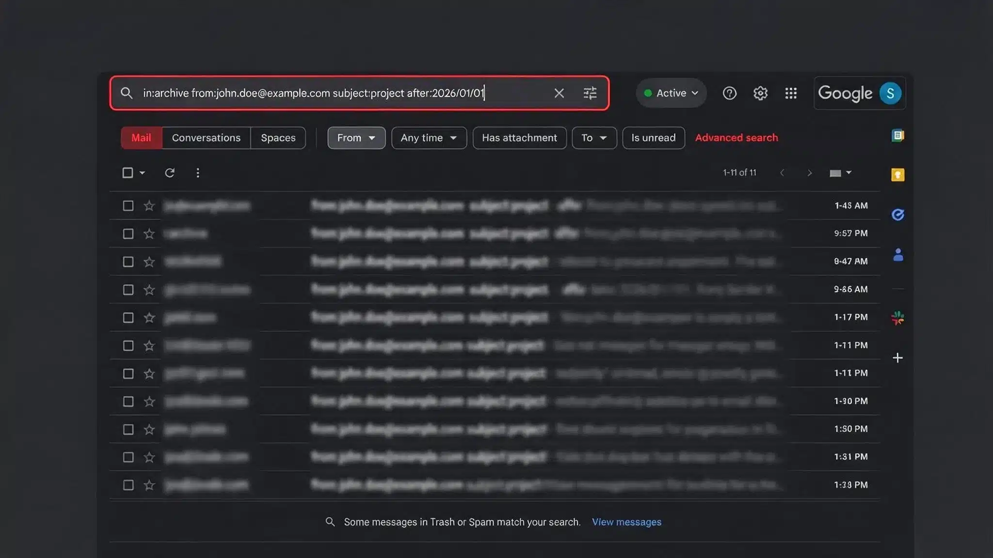 gmail search page in dark mode with archive query and advanced filtering options