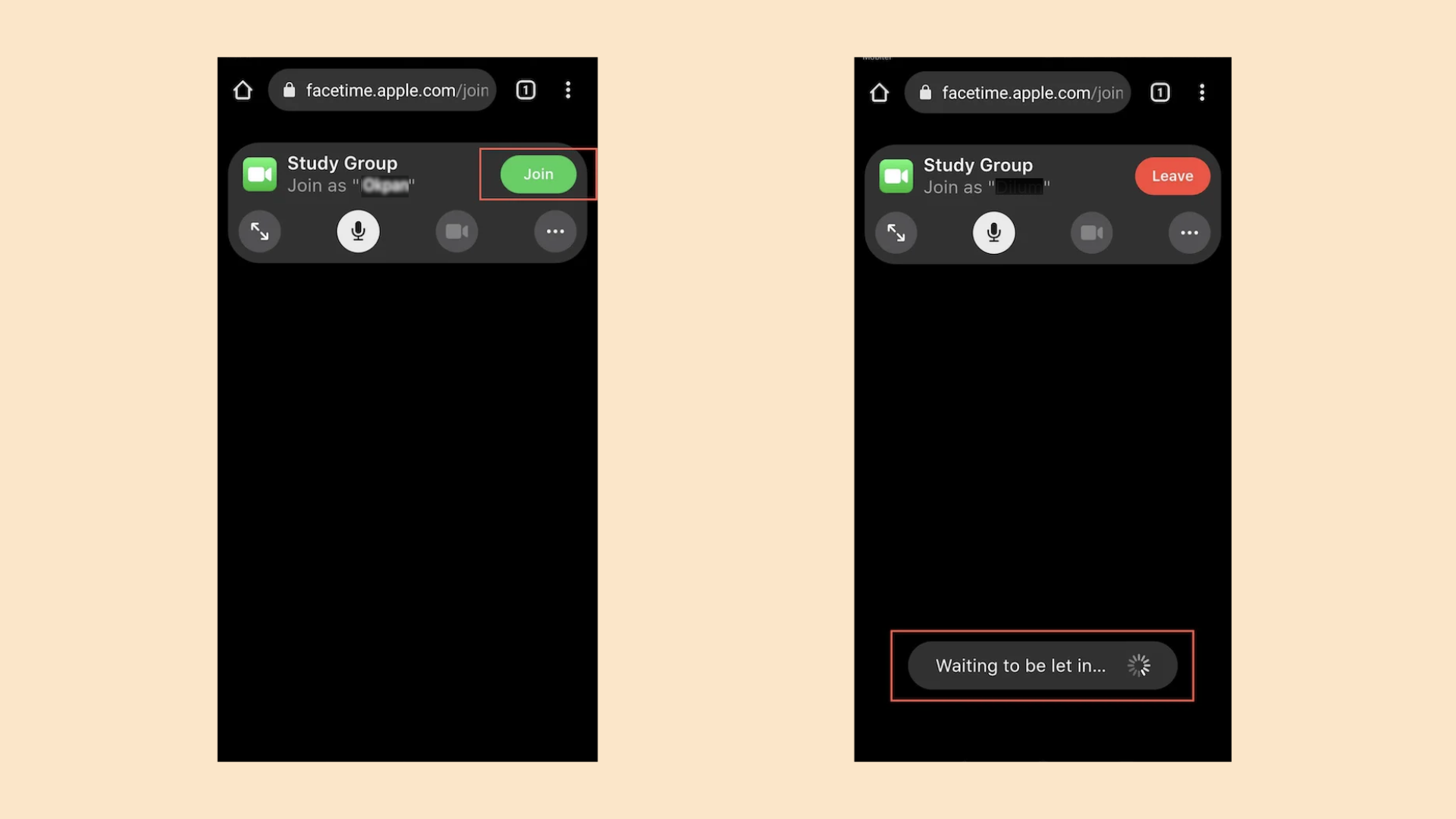 facetime browser screen showing the join button and waiting message for a host to admit the caller