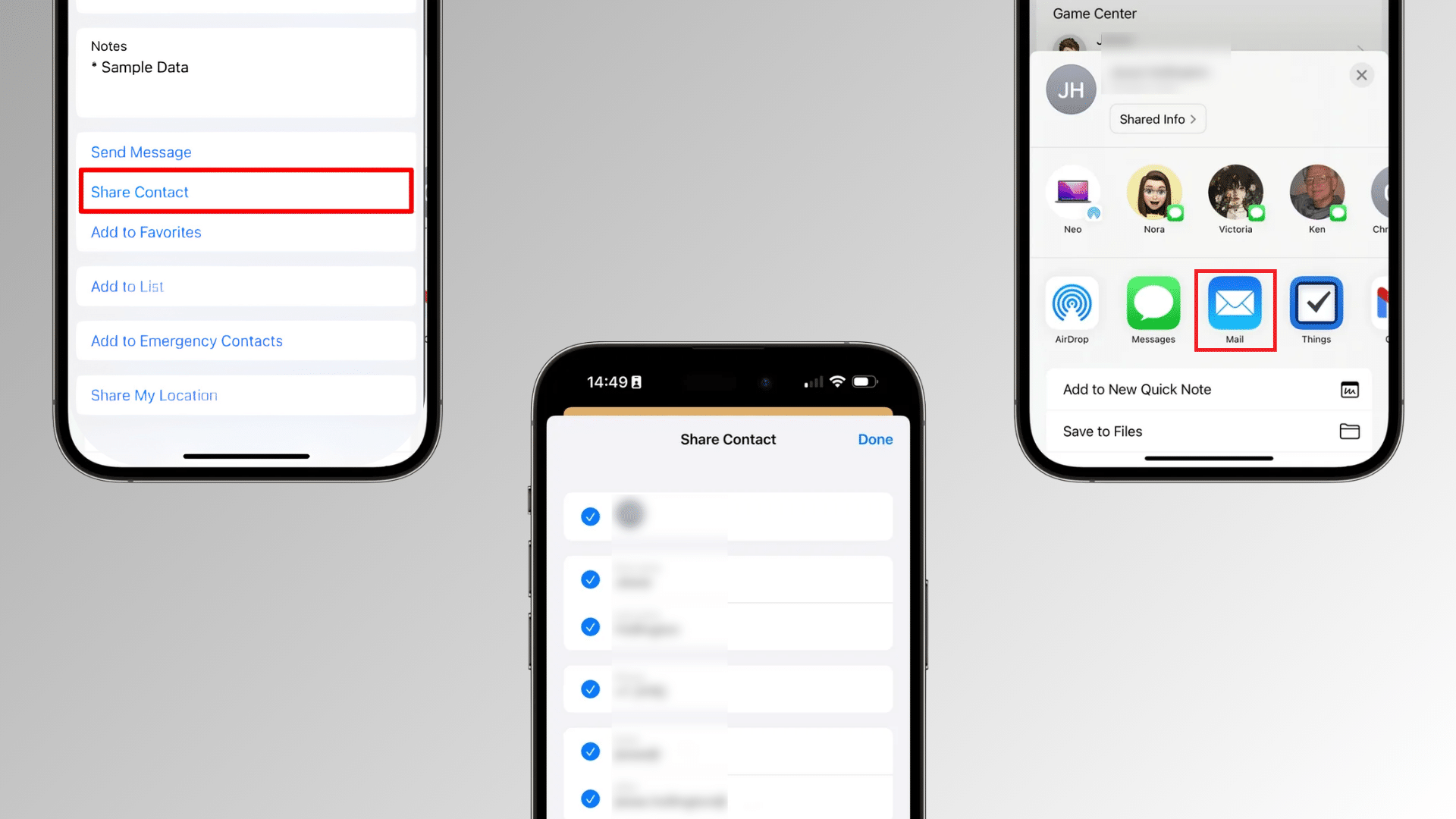 iphone screen showing how to share a contact by mail with the mail option selected in the share menu