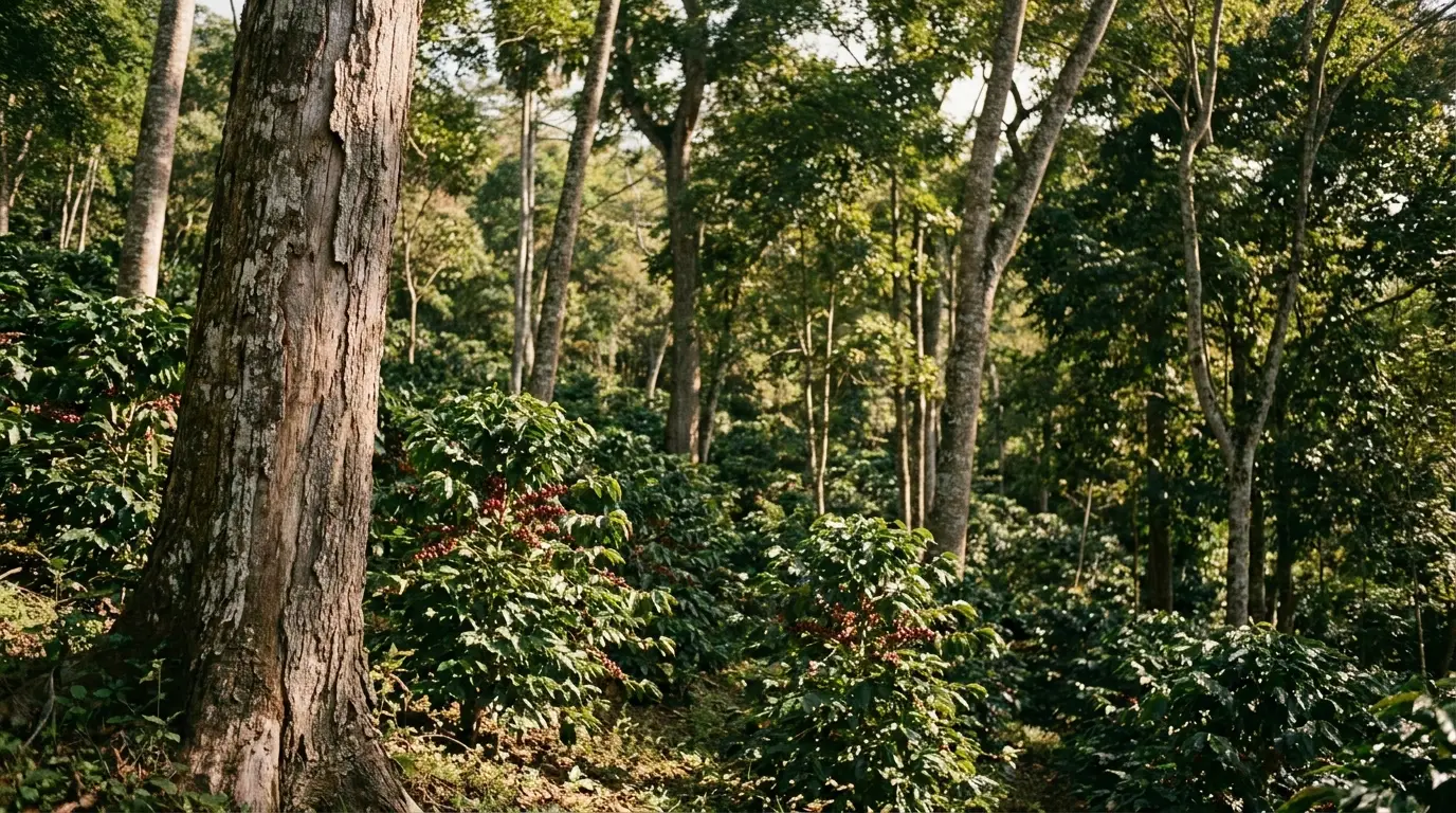 Dense coffee plants with ripe cherries in a sunlit forest setting