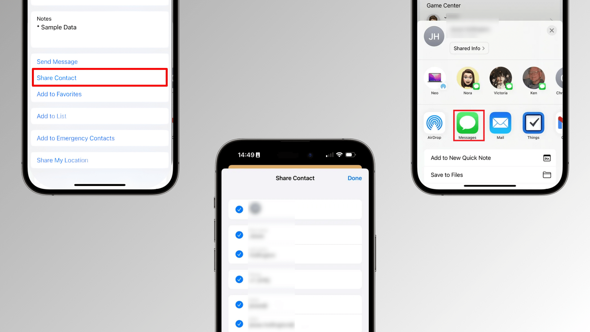 iphone screen showing how to share a contact through messages with the messages option selected